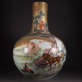 Enamel Drawing Chinese Zodiac Pattern Porcelain Tianqiu Vase