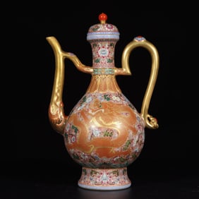 Famille Rose Gold Drawing Flower and Dragon Pattern Porcelain Pot