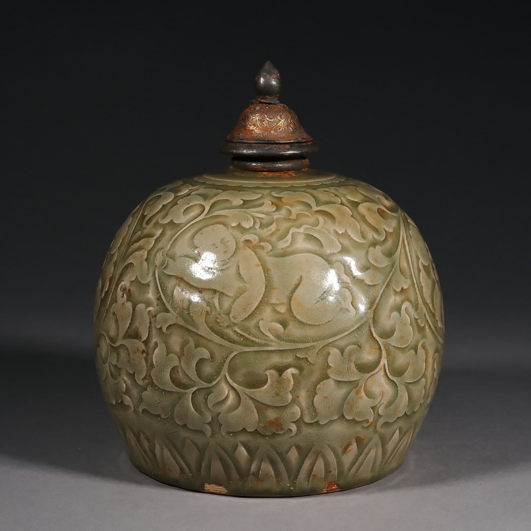 Yaozhou Ware Carved Flower and Child Pattern Porcelain Pot (1 of 7)