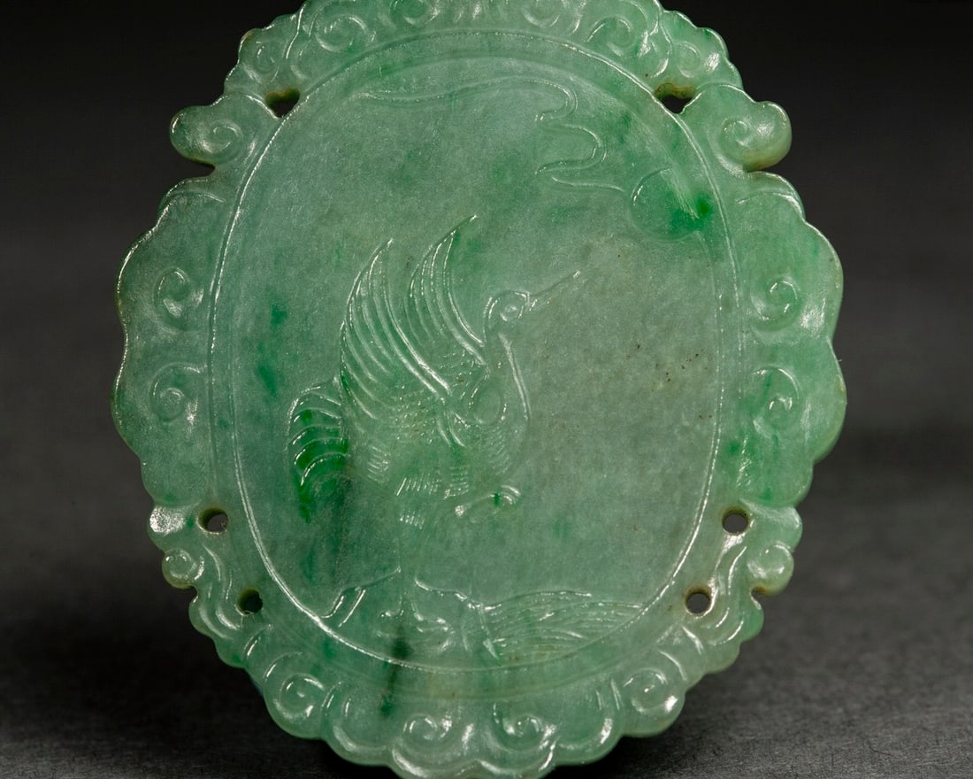 Jadeite Carved Crane Pattern Pendant - 2