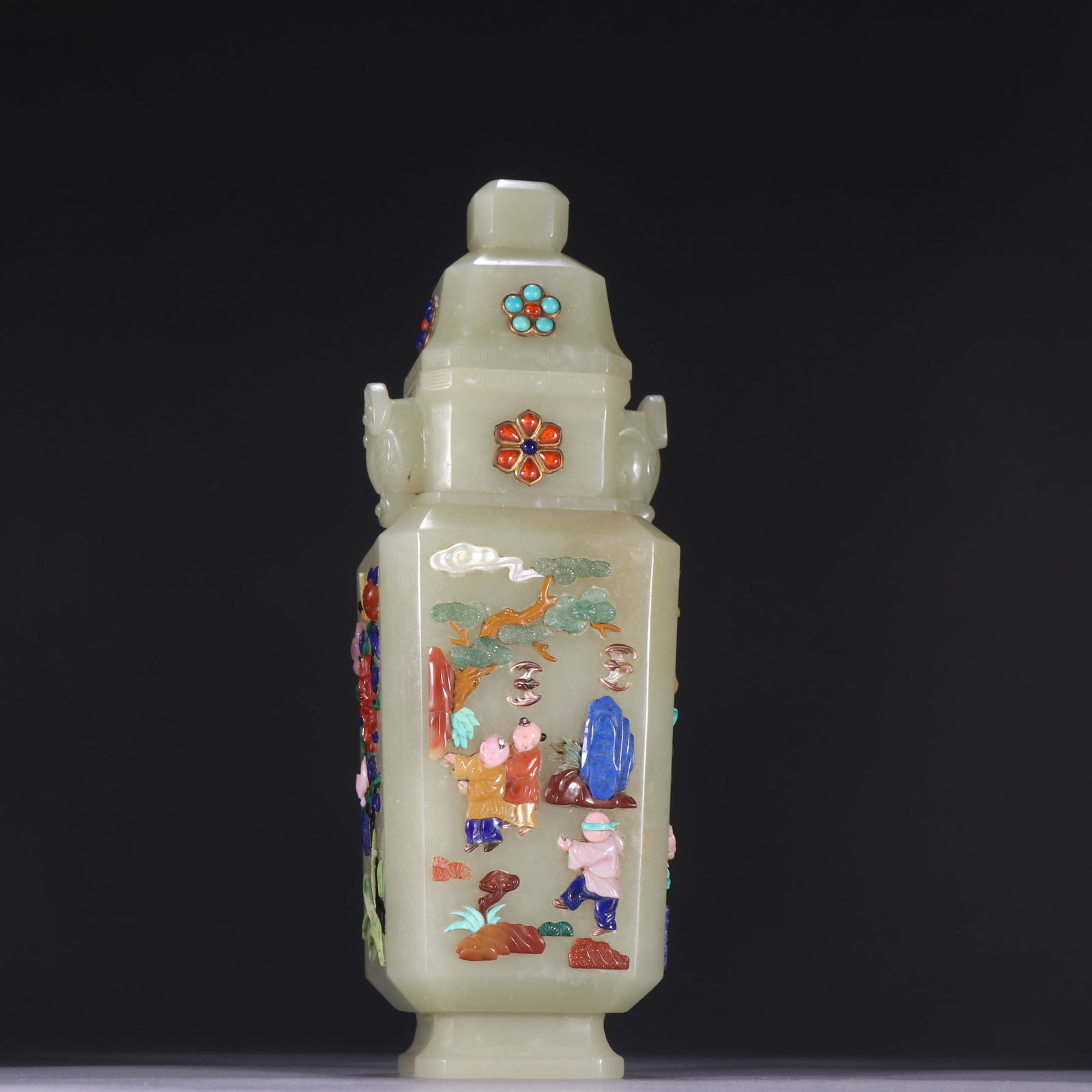 Jade Multi GemStone Inlaid Carved Playing Children Pattern Vase: Jade Multi GemStone Inlaid Carved Playing Children Pattern Vase (18 x 5.8cm)