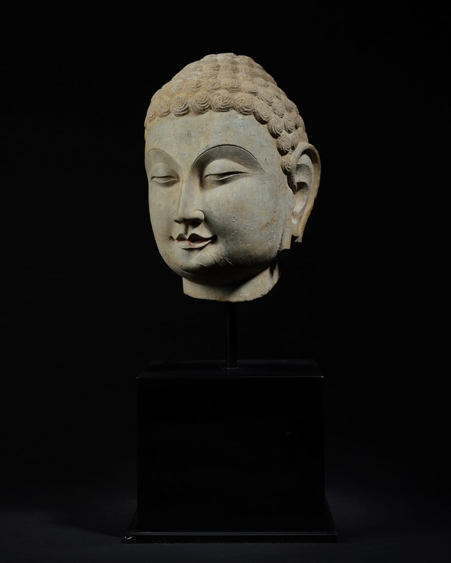 Grey Stone Buddha Head Figure - 2