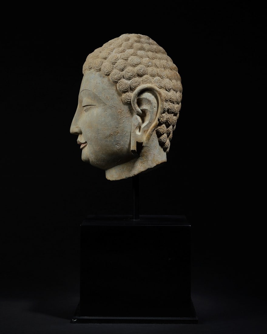 Grey Stone Buddha Head Figure - 3