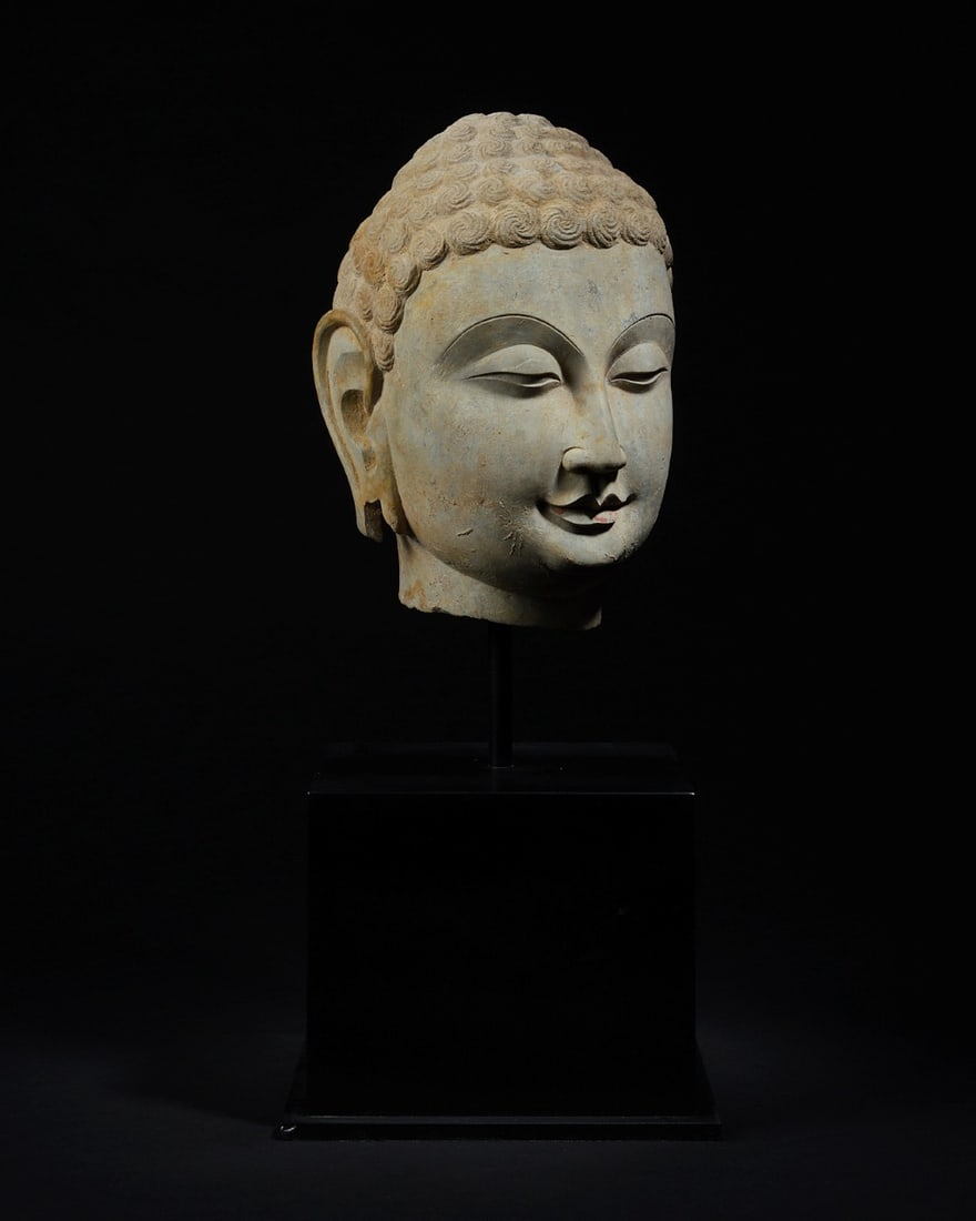 Grey Stone Buddha Head Figure - 4