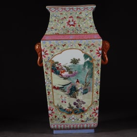 Famille Rose Character Story and Poetry Pattern Porcelain Double Elephant Ears Vase