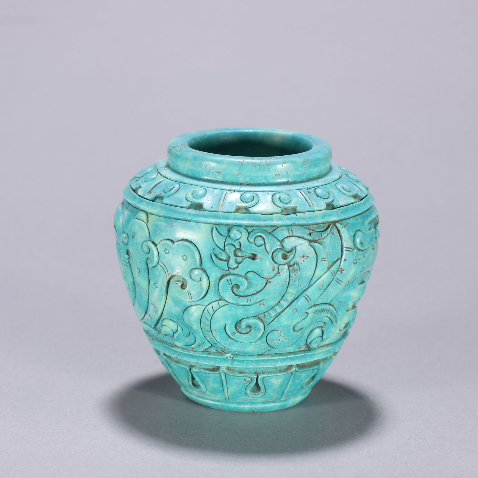 Green Turquoise Carved Dragon and Phoenix Pattern Pot: Green Turquoise Carved Dragon and Phoenix Pattern Pot (6 x 6cm)