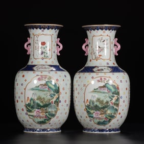 Pair of Famille Rose Landscape and Character Story Pattern Porcelain Double Ears Vase