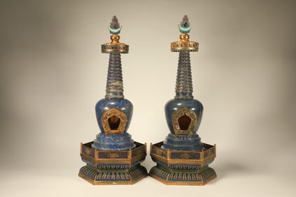 Pair of Lapis Inlaid Gem Stone Carved Flower and Dragon Pattern Pagoba