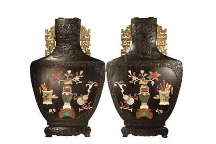 Pair of Red Sandalwood Gold Drawing Inlaid Gem Stone Carved Flower and Flower Pot Pattern Wall Panel