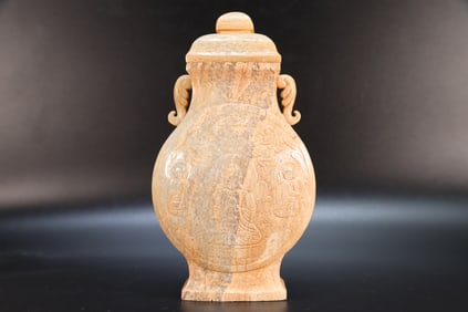 Jade Carved Buddha Pattern Double Ears Vase