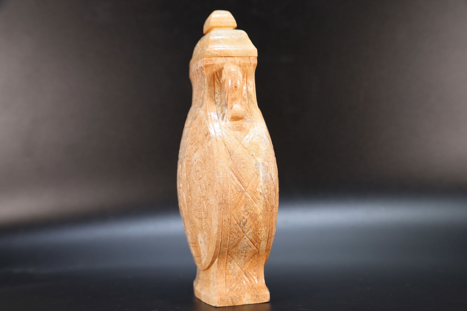 Jade Carved Buddha Pattern Double Ears Vase - 4