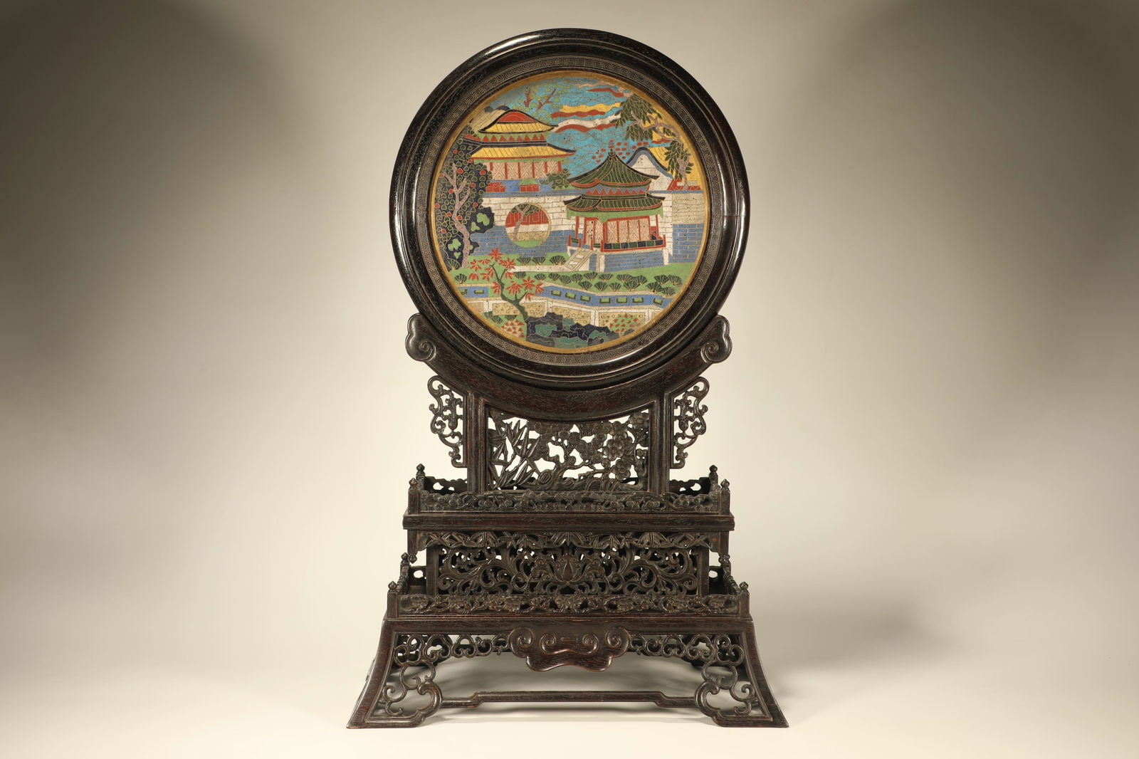 Red Sandalwood Inlaid Bronze Cloisonne Carved Landscape Pattern Table Plaque (1 of 8)