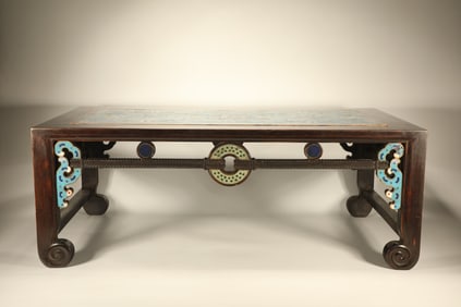 Red Sandalwood Inlaid Bronze Cloisonne Carved Flower Pattern Table