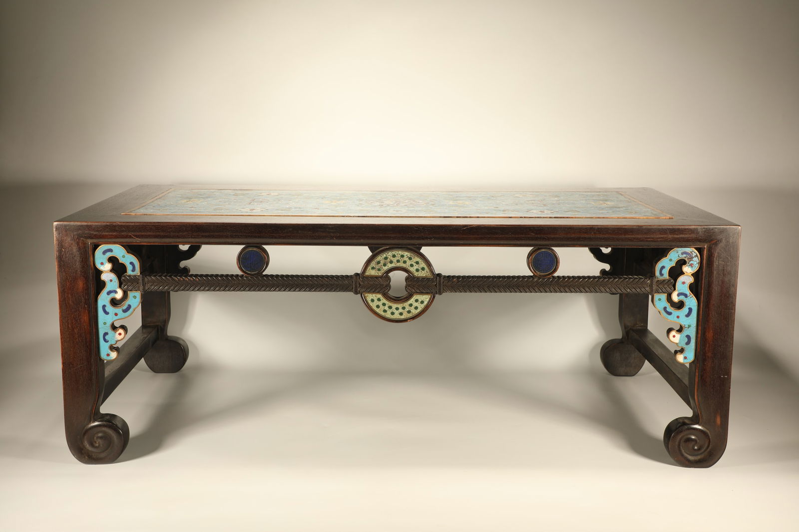 Red Sandalwood Inlaid Bronze Cloisonne Carved Flower Pattern Table (1 of 7)