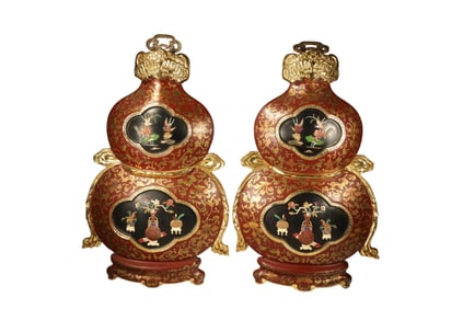 Pair of Lacquerware Gold Drawing Inlaid Gem Stone Carved Flower and Bird Parrern Gourd Shape Wall