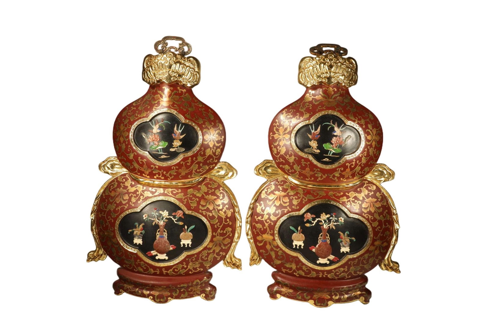 Pair of Lacquerware Gold Drawing Inlaid Gem Stone Carved Flower and Bird Parrern Gourd Shape Wall: Pair of Lacquerware Gold Drawing Inlaid Gem Stone Carved Flower and Bird Parrern Gourd Shape Wall Panel (80 x 50cm)