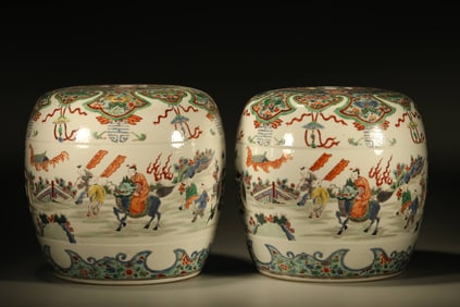 Pair of Wucai Character Story Pattern Porcelain Stool