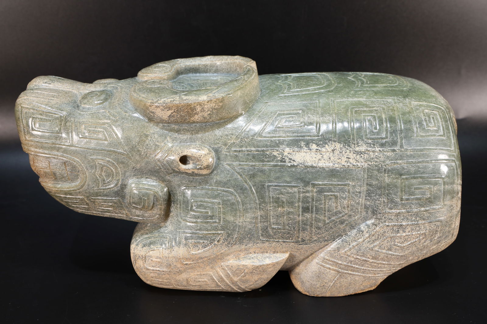 Jade Carved Beast Face Pattern Ox Shape Ornament: Jade Carved Beast Face Pattern Ox Shape Ornament (32 x 15 x 10cm)