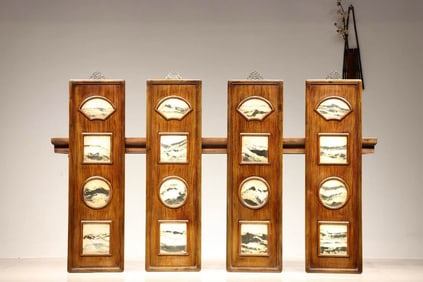 Group of Four Huanghuali Wood Inlaid Marble Wall Panel