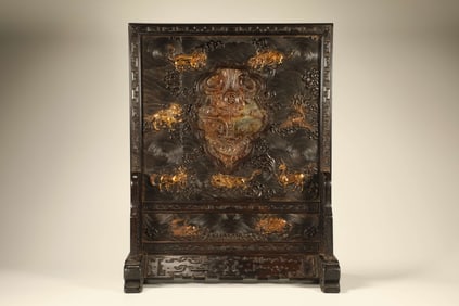 Red Sandalwood Inlaid Jade Gold Drawing Carved Beast and Beast Face Pattern Table Plaque