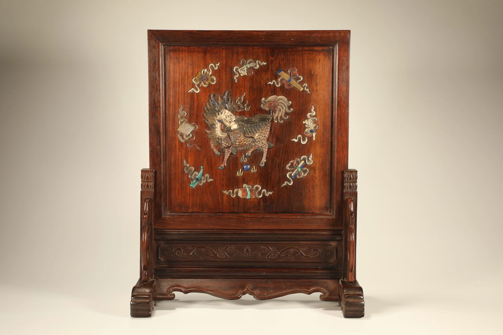 Huanghuali Wood Inlaid Gem Stone Carved Kirin and Eight Treasure Pattern Table Plaque: Huanghuali Wood Inlaid Gem Stone Carved Kirin and Eight Treasure Pattern Table Plaque (40 x 32 x 15cm)