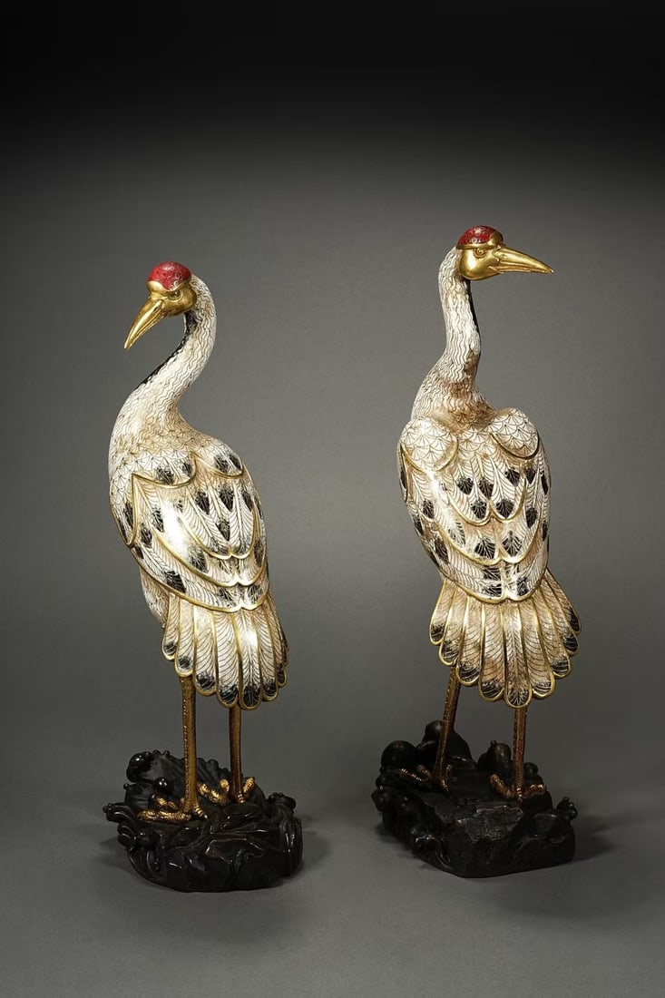 Pair of Bronze Cloisonne Carved Crane Shape Figure: Pair of Bronze Cloisonne Carved Crane Shape Figure (40 x 16cm 5.8kg)