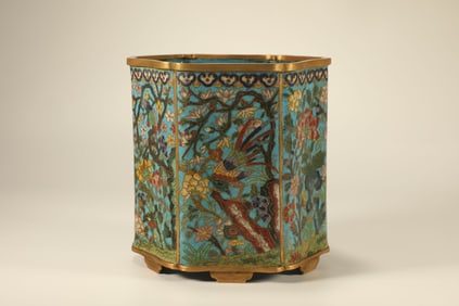 Bronze Cloisonne Carved Flower and Bird Pattern Brush Pot