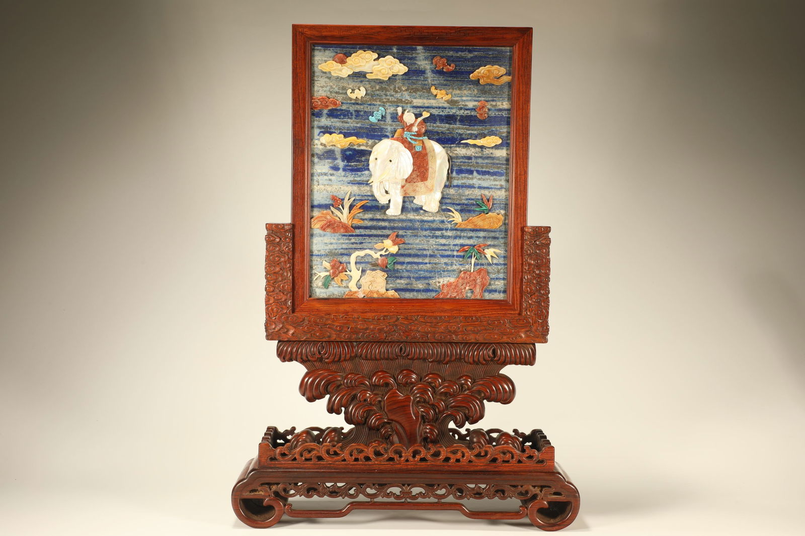 Huanghuali Wood Inlaid Gem Stone and Lapis Carved Elephant and Child Pattern Table Plaque: Huanghuali Wood Inlaid Gem Stone and Lapis Carved Elephant and Child Pattern Table Plaque (51 x 35 x 10cm)