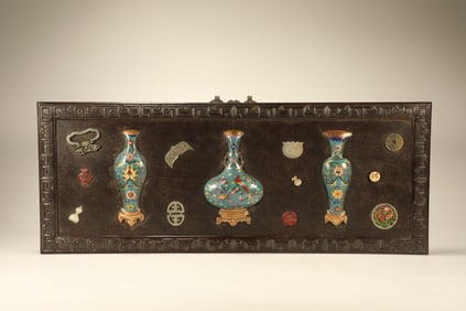Red Sandalwood Inlaid Bronze Cloisonne and Jade Carved Flower and Beast Pattern Wall Panel