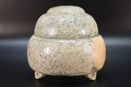 Jade Carved Flower and Dragon Pattern Lid Pot