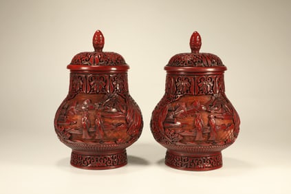 Pair of Lacquerware Red Carved Landscape and Character Story Pattern Lid Pot