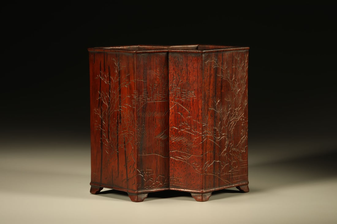 Huanghuali Wood Carved Landscape Pattern Brush Pot (1 of 7)