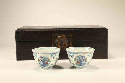 Pair of Doucai Flower and Dragon Pattern Porcelain Cup