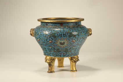 Bronze Cloisonne Carved Flower Pattern Double Lion Ears Incense Burner