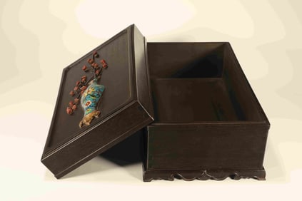 Red Sandalwood Inlaid Bronze Cloisonne Carved Flower and Poetry Pattern Lid Box