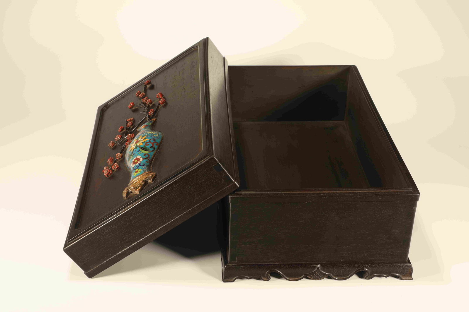 Red Sandalwood Inlaid Bronze Cloisonne Carved Flower and Poetry Pattern Lid Box (1 of 7)