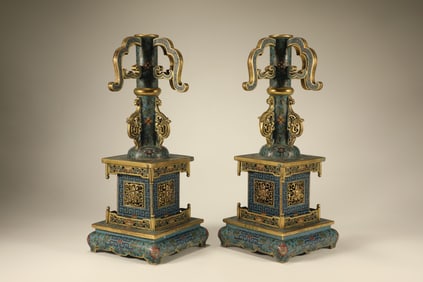 Pair of Bronze Cloisonne Inlaid Gilt Bronze Carved Flower Pattern Candlestick