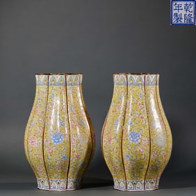 Pair of Bronze Enamel Blue Base Flower Pattern Zun