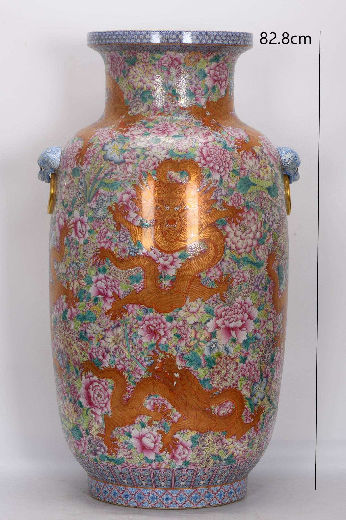 Enamel Drawing Flower and Dragon Pattern Porcelain Double Ears Vase: Enamel Drawing Flower and Dragon Pattern Porcelain Double Ears Vase (82.8 x 46.5cm)