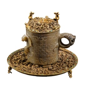 Gilt Bronze Inlaid Jade and Gem Stone Carved Cloud and Dragon Pattern Cup