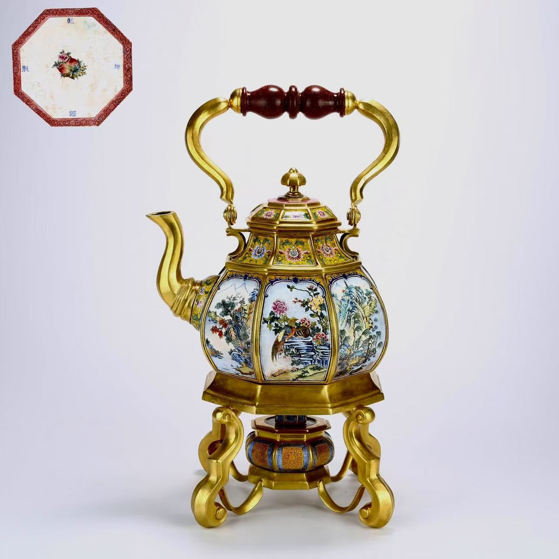 Bronze Cloisonne Carved Flower and Bird Pattern Teapot: Bronze Cloisonne Carved Flower and Bird Pattern Teapot (42 x 22cm)