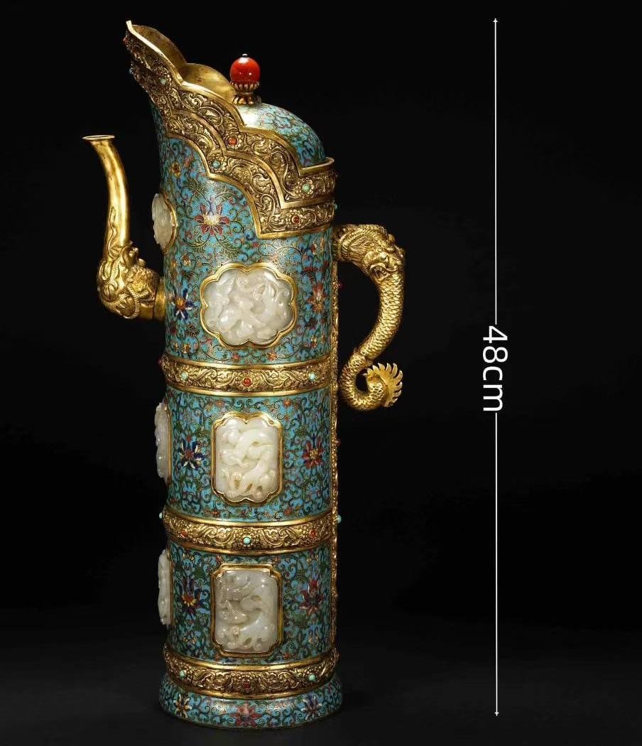 Bronze Cloisonne Inlaid Jade Carved Flower and Dragon Pattern Pot: Bronze Cloisonne Inlaid Jade Carved Flower and Dragon Pattern Pot (48cm)