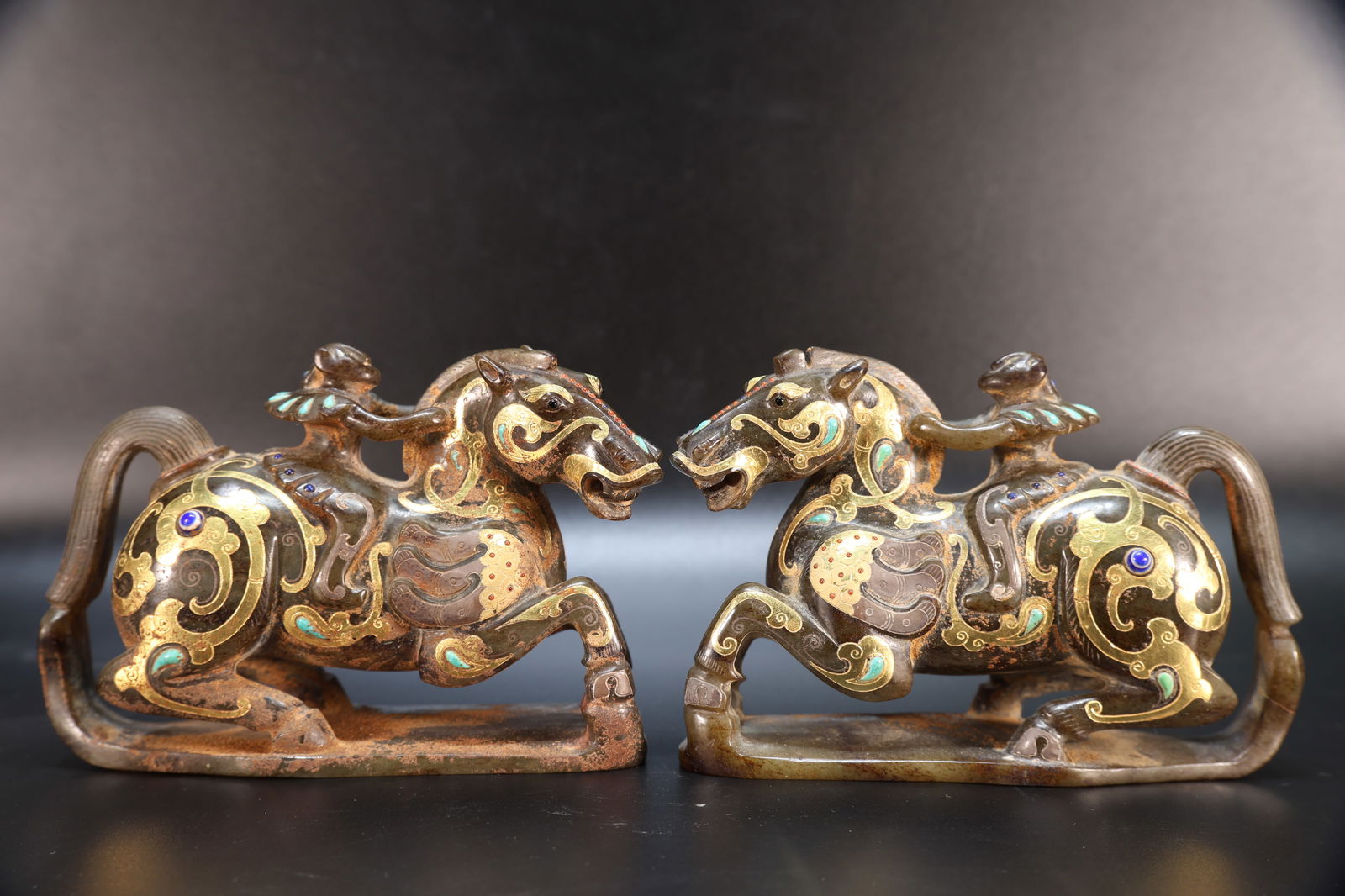 Pair of Jade Gold and Silver Inlaid Gem Stone Carved Horse and Character Shape Ornament (1 of 14)