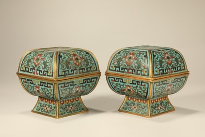 Pair of Bronze Cloisonne Carved Flower Pattern Lid Box