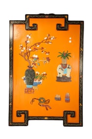 Red Sandalwood Multi GemStone Inlaid Carved Flower and Elephant Pattern Table Plaque