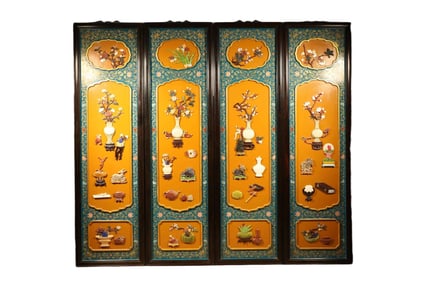 Group of Four Red Sandalwood Multi GemStone Inlaid Carved Flower and Flower Pot Pattern Wall Panel