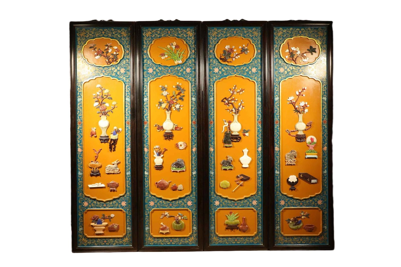 Group of Four Red Sandalwood Multi GemStone Inlaid Carved Flower and Flower Pot Pattern Wall Panel: Group of Four Red Sandalwood Multi GemStone Inlaid Carved Flower and Flower Pot Pattern Wall Panel (119 x 34cm)