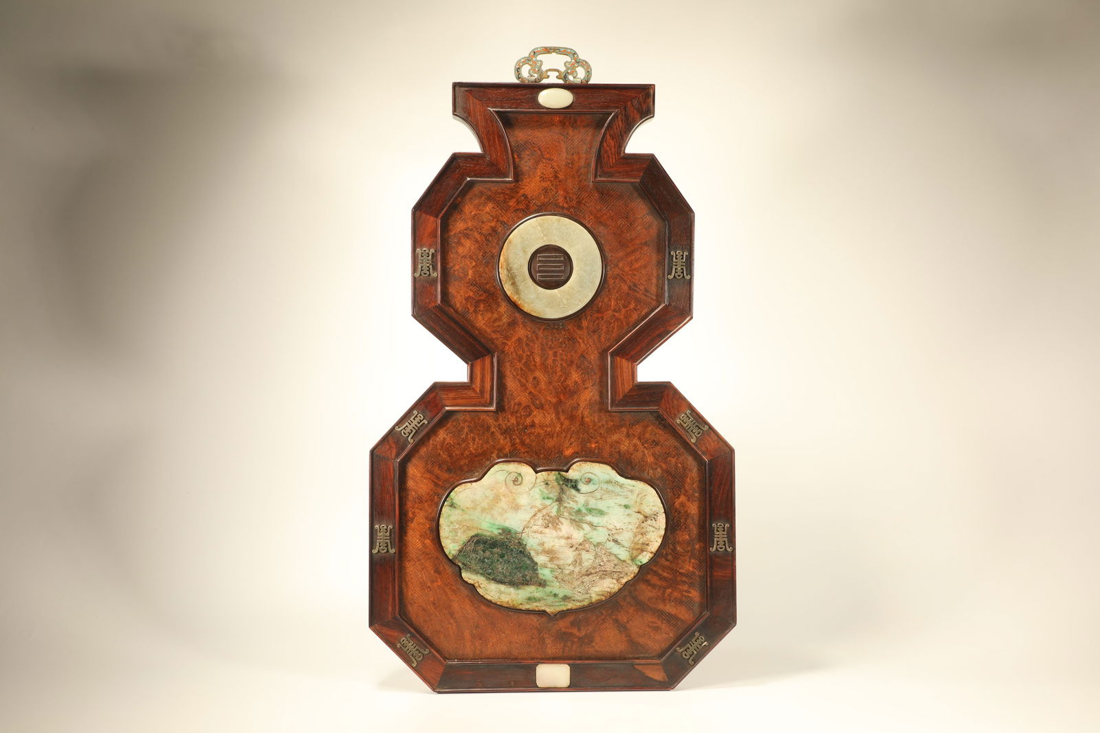 Huanghuali Wood Inlaid Jadeite Carved Landscape and Character Story Pattern Wall Panel: Huanghuali Wood Inlaid Jadeite Carved Landscape and Character Story Pattern Wall Panel (62 x 37cm)