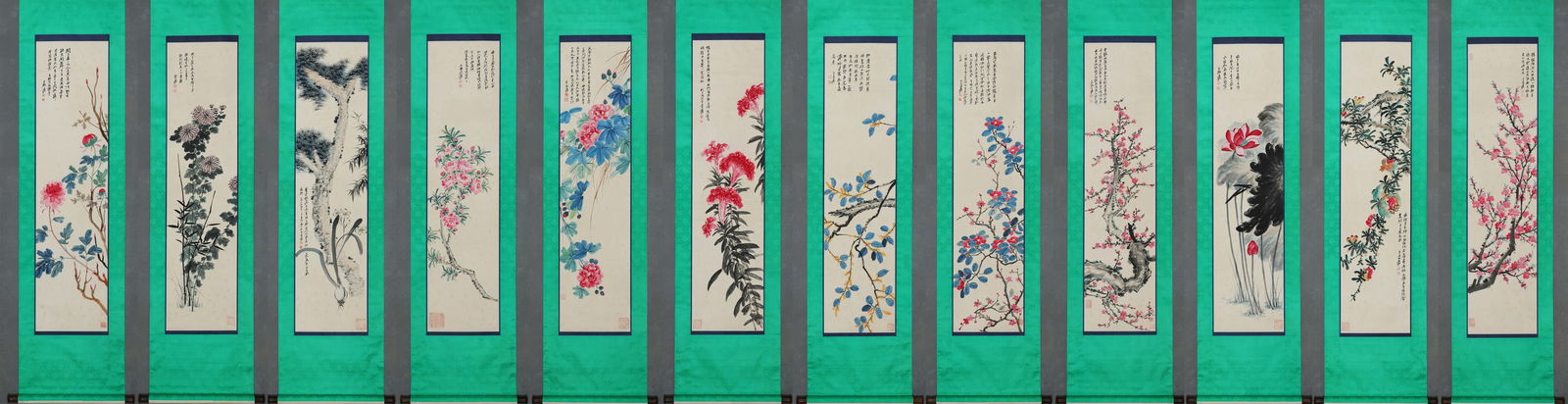 Group of Twelve Chinese Drawing Flower Painting,Zhang Daqian Mark: Group of Twelve Chinese Drawing Flower Painting,Zhang Daqian Mark (138 x 35cm)