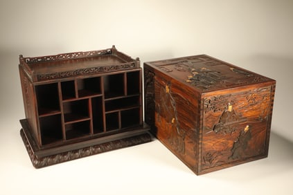 Huanghuali Wood Inlaid Red Sandalwood Carved Character Story and Landscape Pattern Lid Box